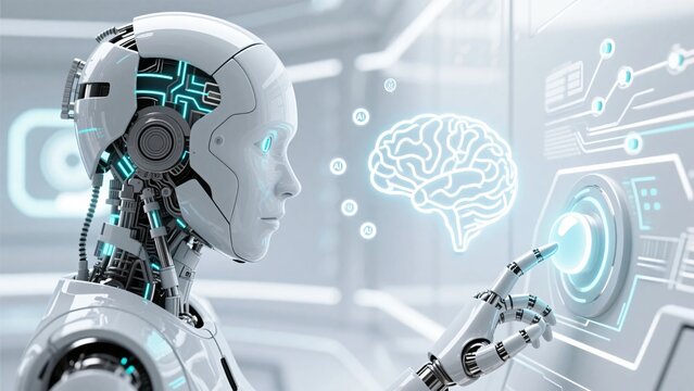 Digital brain analysis backdrop featuring futuristic android and AI-powered touchscreen interface