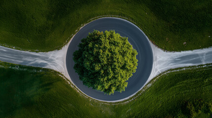 Aerial View of a Circular Road with a Lush Green Tree in the Center