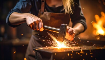 Female Blacksmith's Focused Strike Ignites a Shower of Fiery Sparks