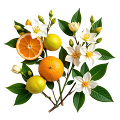 Fresh citrus fruit arrangement with oranges lemons and white blossoms on a white background for healthy eating and citrus flavor themes