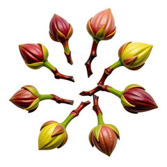 Fresh colorful flower buds with vibrant pink, yellow and green hues arranged in a circular pattern on a white background for nature and garden themes