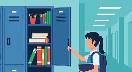 Schoolgirl Opening Locker Filled with Books and Supplies Back to School Education Illustration