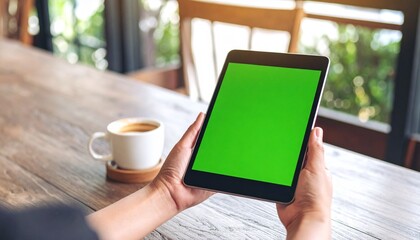 Person holding a tablet with a green screen display next to a cup of coffee on a wooden table in a bright, natural light setting.