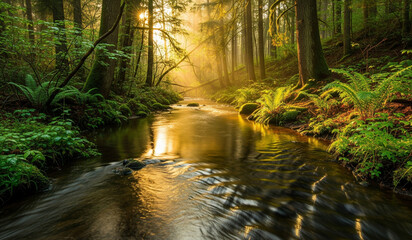 Fototapeta premium Stunning sunlit forest stream inviting peaceful reflection and outdoor adventure in vibrant nature