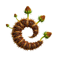 Artistic composition featu a curled natural fiber surrounded by delicate green and brown budding flowers on a pure white background