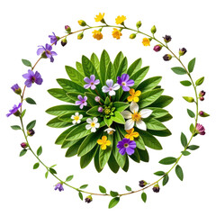 Artistic floral arrangement featu vibrant purple yellow white and purple flowers with green leafy accents arranged in a circular pattern on a white background
