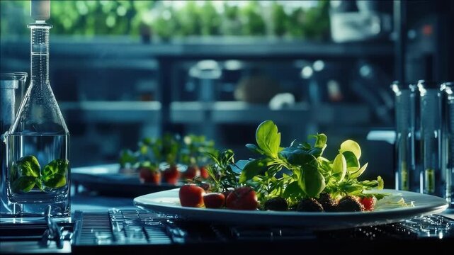 A contemporary kitchen with a glass wall, showcasing an experiment in hydroponics and urban agriculture. A focus on the future of food production.