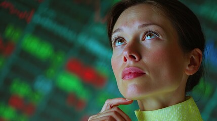 Introspective Glance: A determined woman gazes upward, lost in thought, with a backdrop of data visualization. The image captures a moment of contemplation.