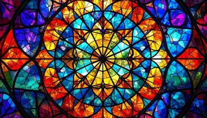 Radiant Kaleidoscope of Jewel-Toned Light in a Symmetrical Stained Glass Window