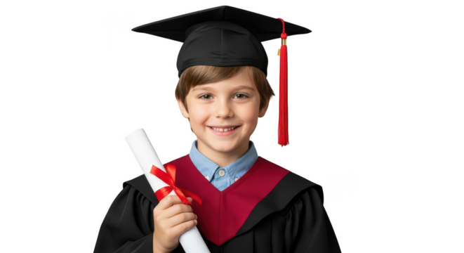 Boy graduation portrait with diploma isolated on transparent background