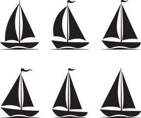 Collection of six classic sailboat illustrations with black sails and hulls