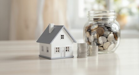 Financial Planning and Home Ownership Miniature House Model Stacked Coins and Full Savings J