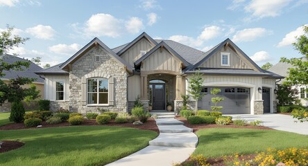 Modern Residential Home Exterior with Stone and Siding Accents Manicured Lawn and Landscaped