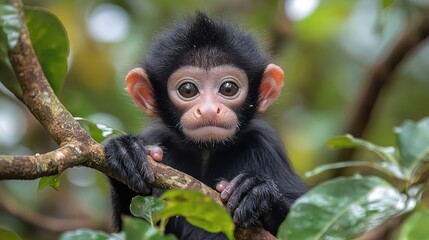 Fototapeta premium A curious baby Dusky Leaf Monkey peers out from the lush greenery, its eyes wide and alert.