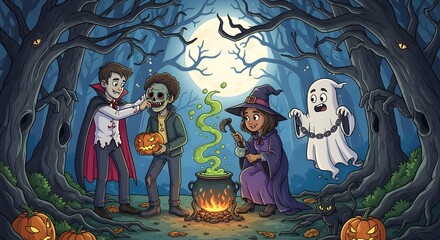 Cartoon Halloween Scene with Children Witches Ghosts and Skeletons in Dark Forest