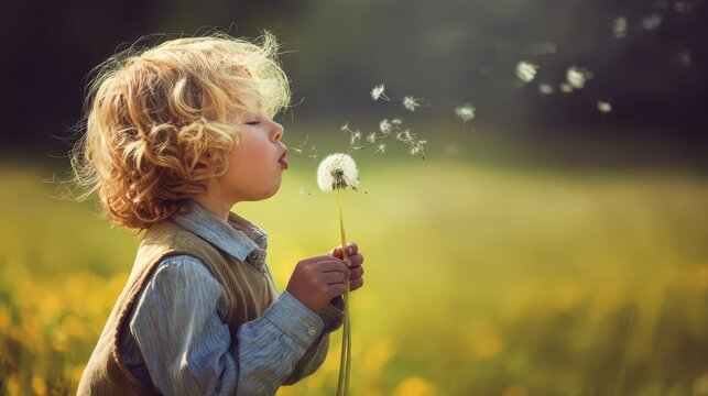 Young child blowing dandelion seeds in a field.