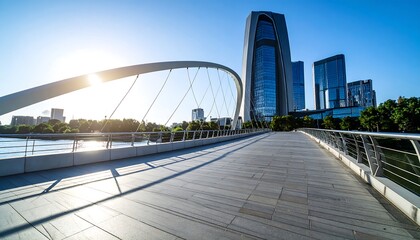 Obraz premium Cityscape panorama with modern architectural bridge and urban financial district skyline