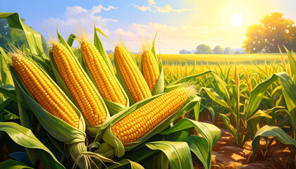 group of corns placed in front cornfield farm with morning sunlight and clear sky as background. oil painting. cover design, Agricultural product labels