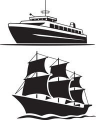 Vintage sailing ship and modern ferry boat silhouettes
