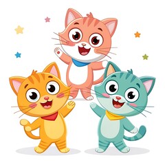 Fototapeta premium Three playful cartoon cats in orange blue and pink waving with stars kitten cute