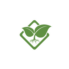 Green Leaf with Roots Icon in Diamond Shape for Eco Nature Logo
