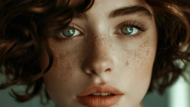 High-resolution portrait of a young woman with striking blue eyes and light freckles on her face. Her gaze is gentle and her lips are subtly parted, adding to the intimate nature of the graph.