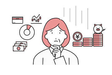 将来のお金や資産形成に不安や悩みを持つ女性のイラスト
