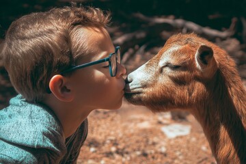 Boy Kissing a Goat on a Sunny Day