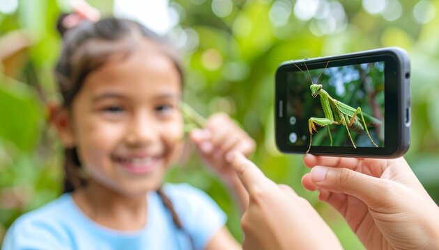 Modern Nature Study: A Girl's Joyful Discovery of a Mantis via Smartphone