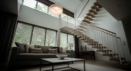 Fototapeta premium Modern Spacious Living Room Interior with Floating Staircase and Ample Natural Light
