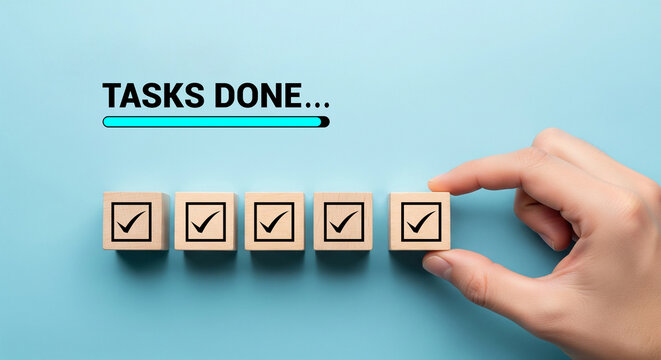Hand Placing Last Wooden Cube with Checkmark for Tasks done and Progress Bar on Blue Background