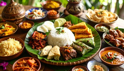Lavish Balinese Feast: A Colorful Nasi Campur Platter on a Fresh Banana Leaf