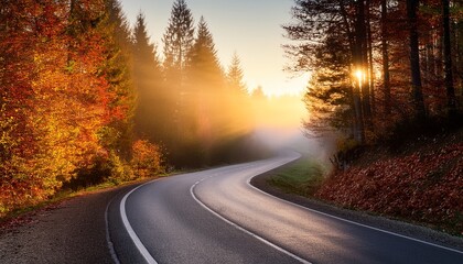 Fototapeta premium autumnal road winds through a misty forest bathed in the soft glow of a setting sun