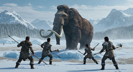 Stone Age Man Aiming Bow from Cliff Toward Distant Threat in Prehistoric Wilderness againts mammoth