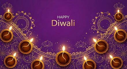 Elegant Diwali Celebration Background with Lit Oil Lamps and Golden Ornaments on Purple Background