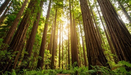 Obraz premium Sacred Grove: Golden Sunbeams Illuminate Towering Redwood Giants