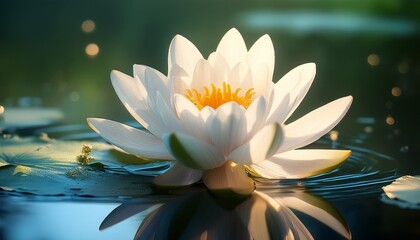 delicate water lily floats on a still pond under soft light in a tranquil natural setting