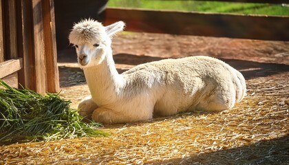 Obraz premium a white alpaca lying down on wood shavings and eating green grass in the sunshine