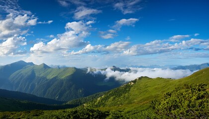 peaceful morning scene with white clouds and blue sky above mountains