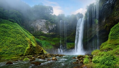a majestic waterfall cascades over lush green cliffs into a misty river in a serene natural landscape