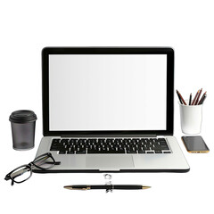 Laptop with office supplies.  Empty screen, modern design.  Accessories like pens, coffee cup, glasses, and phone