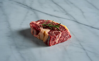 Raw marbled beef steak with rosemary on marble raw meat