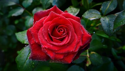 vibrant red rose with water droplets adorns center of image its petals unfurling elegantly amidst backdrop of dark green foliage roses rich color contrasts strikingly against leaves