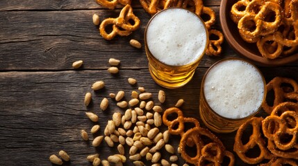 top-down view of wooden table with beer glasses, pretzels, peanuts 