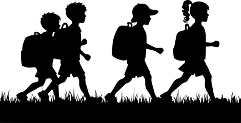 silhouettes of children go to school, silhouette, people, vector, child, illustration, woman, children, black, boy, business, silhouettes, group, family, baby, walking, couple, dance, person, sport, s