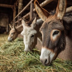 Donkeys Eating Hay in a Rustic Barn
