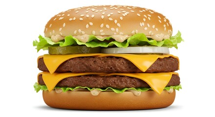 A double cheeseburger with sesame seed bun lettuce cheese pickles and onions on a white background