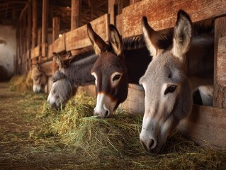 Donkeys Eating Hay in a Rustic Barn