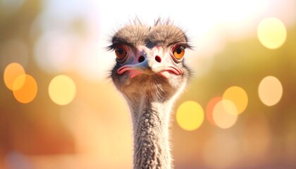 Close-up portrait of an ostrich with a comical expression and a bokeh background