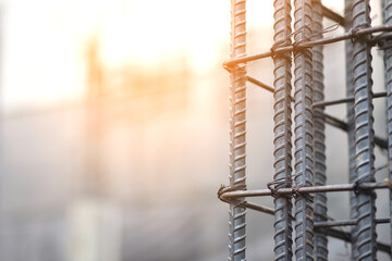Reinforcement steel rod reinforcement bars and deformed bar with rebar at construction site.